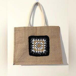 Muji Tan Tote Bag with Black and Gold Crochet Design
